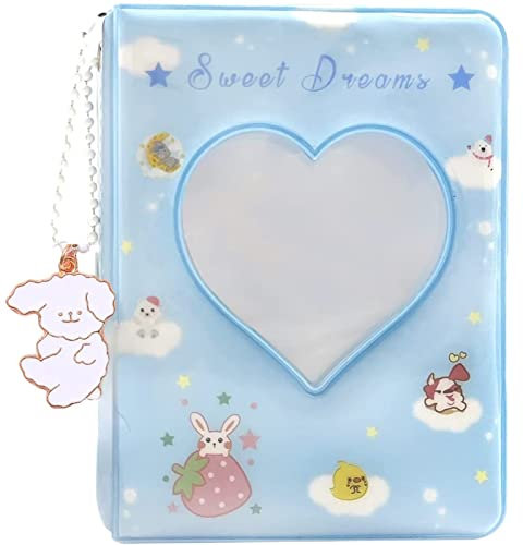 runrayay 7,6 cm blaues Kpop-Fotokarten-Binder-Halter-Buch, Mini-Fotoalbum-Halter, Liebes-Herz-Hohl-Business-ID-Karte, 40 Taschen mit schönem Anhänger für die Fotosammlung