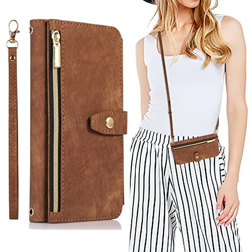 SINQERISHT Handykette Handyhülle für Huawei P20 Lite Wallet Hülle PU Leder Case mit Kartenfach Ständer und Trageband Vintage Reißverschluss Klapphülle Magnetverschluss Schutzhülle(Braun)