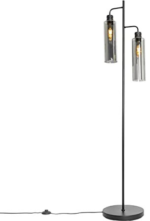 Qazqa - Moderne Stehlampe schwarz mit Rauchglas 2 Lichter - Stavelot I Wohnzimmer I Schlafzimmer - Länglich - LED geeignet E27