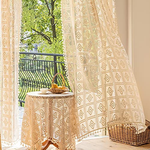 Nyescasa Vintage Vorhänge Landhausstil Häkeln Stricken Vorhang Boho Bohemien Baumwolle Vorhänge mit Ösen mit Quaste Ösenschal Luftig Dekoschal für Wohnzimmer Schlafzimmer Beige 2er Set B135×H180cm