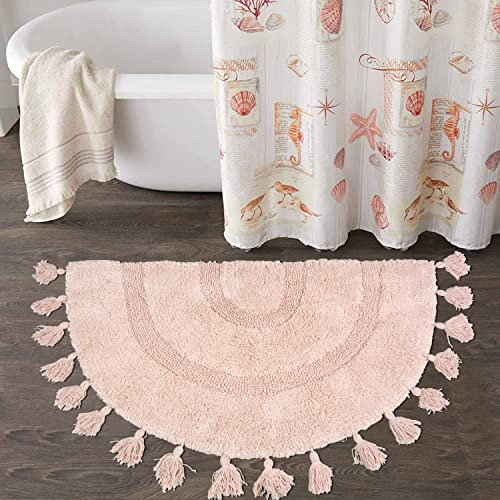 Schweek Tapis de salle de bain bohème en coton avec pompons tissés à la main avec tapis antidérapant lavable pour salle de bain, douche, baignoire, 50,8 x 81,3 cm, demi-cercle rose