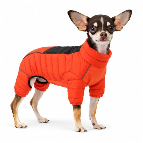 Warm Dog Coat, 4 Legs Covered Waterproof Windproof Reflective Vest, Zippered Adjustable Outdoor Snow Jacket for Small Medium Large Dogs, Orange S
