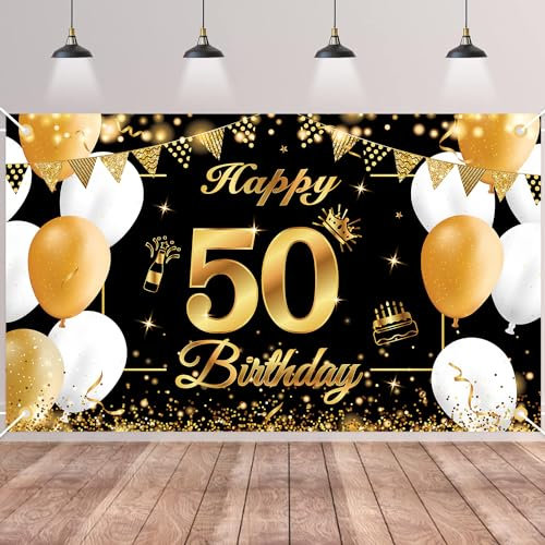 50. Geburtstag Banner Schwarz Gold, Bliceon Banner zum 50. Geburtstag für Männer und Frauen, Deko 50 Geburtstag Hintergrund Banner für 50. Party Geburtstagsdeko