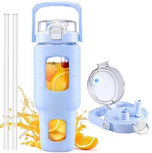 HYDRAGLAZIC 1200ml Glass Water Bottle mit Strohhalm und Deckel, Glasbecher mit Zeit- und Wassermarkierung, Eiskaffeebecher mit Silikonhülle, Reise-Kaffeebecher Passt in Autohalterung Blau