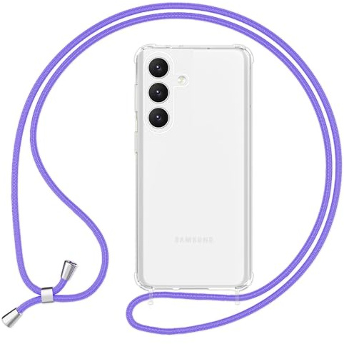 NALIA Handykette für Samsung Galaxy S24 - Transparentes Hybrid-Case & Band - HANGIT PRO (Anti-Gelb Rückseite & Verstellbar) - Marke aus Berlin, Farbe:Beeren Lila