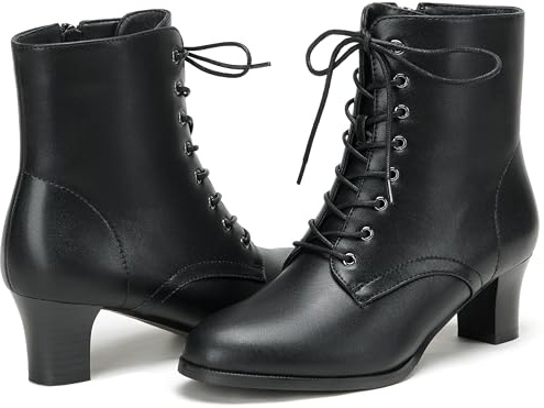 COOLCEPT Damen Vintage Viktorianisch Stiefel Schnüren Ankle Stiefel Blockabsatzs Reißverschluss