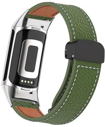 Magnetisch Lederarmband für Fitbit Charge 5/ Charge 6 Armband, Elegante Leder Armbänder für Herren Damen Verstellbarer Ersatzarmband Kompatibel mit Fitbit Charge 5/ Charge 6 Uhrenarmband (Grün)