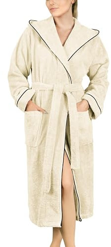 LAYNENBURG Bademantel Damen Frottee - Kapuze - Lang - 100% Baumwolle (360g/m2) - OEKO TEX Standard 100 - Größe (M, Creme)