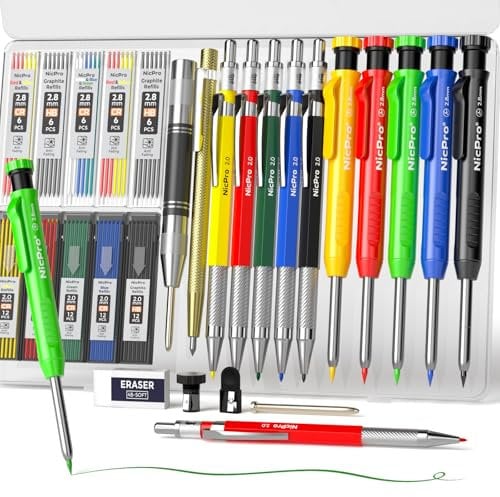 Nicpro 27 Stück Zimmermannsbleistifte mit Spitzer, Tieflochmarker, mechanische Tischlerbleistifte mit 100 Minen, automatischem Körner und Hartmetall-Anreißwerkzeug, robuster Bau-Bleistift mit Etui