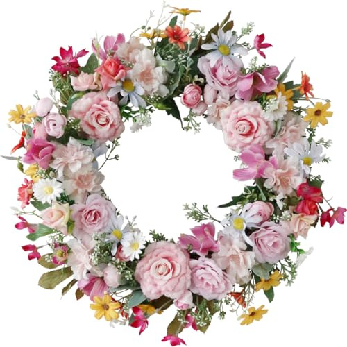 40CM Peony Spring Wreaths for Front Door Outside Artificial Pink Rose,Blue Berry,Green Leaves Summer Wreaths Full Handmade for Farmhouse Wall Window Decor (Pastel)