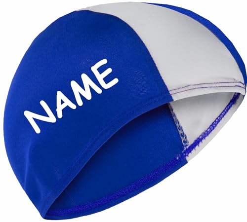 alles-meine.de GmbH Badekappe - Badehaube - Streifen - blau & weiß - 3 bis 10 Jahre - inkl. Name - Kinder - für Mädchen & Jungen - Schwimmhaube - Stoff - Duschkappe/Duschhaube ..