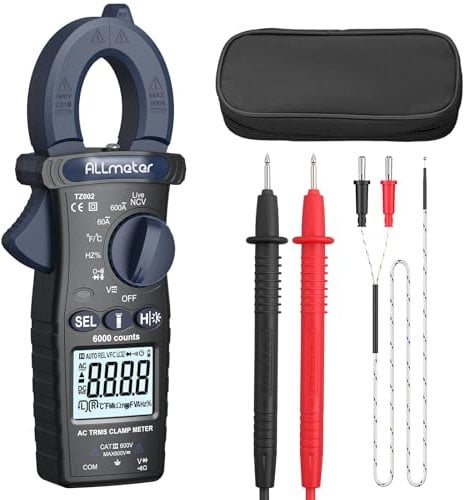 ALLmeter Pinza Amperometrica con 6000 Conteggi, Amperometro T-RMS Multimetro a Range Automatico Voltmetro 600A NCV con Torcia per DC/AC Misurazione della Tensione Corrente, Resistenza, Capacità