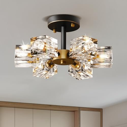 JUJUQI Moderne Kristall Deckenleuchte, Schwarze und Gold Deckenlampe, 6-Lichter Design, K9 Kristall Kronleuchter, Halbbündige Luxus-Leuchte, Geeignet für Flur, Badezimmer und Schlafzimmer
