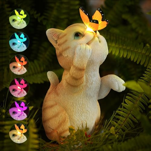 Strixorn Cat Garden Ornaments - Outdoor Cat Statues with Butterfly, Solar Lights - Waterproof Resin - Orange