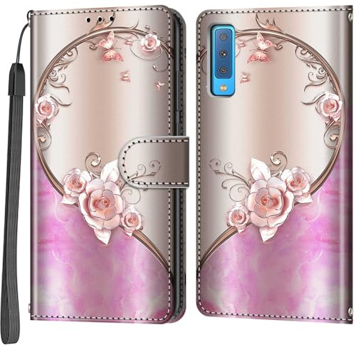 Handyhülle für Samsung Galaxy A7 (2018) Hülle, Rosa Rose | Magnetische, Stoßfeste Faltbar Klapphülle, Standfunktion, Kartenfächern, Geldbeutel, PU Lederhülle, Handytasche