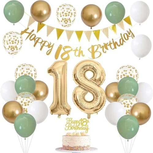 18th Birthday Decorations for Boys Girls - Happy Banner with Foil Balloon, Sage Green White Gold Balloons for Party Decoration