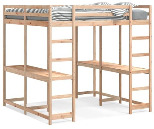 Sufrk Hochbett mit Schreibtisch und Leiter, 160 x 200 cm, massives Kiefernholz, Etagenbett, Doppelbett, multifunktional, mit Treppen und Schränken, stabiles Geländer, geeignet für Kinder, Jungen und