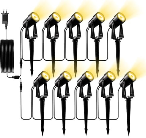 Yuusei Garden Lights Mains Powered, 10 in 1 Pack 31M Extendable Outdoor Spotlight, 3000K Warm White 27V LED Driveway Lights, IP65 Waterproof for Pathway, Fence, Pond, Yards