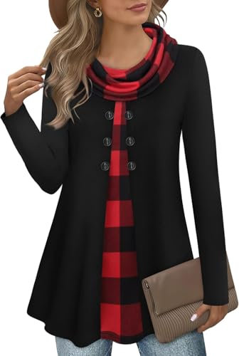 GUUKA Women Casual Long Sleeve 2 in 1 Jumpers Sweatshirt Ladies Cowl Neck Fall Pullover Winter Sweaters Tunic Tops with Buttons for UK(Black and Red,L)