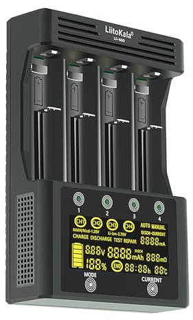 OPAHUTERLiitoKala 600 18650 4-Slot LCD Display Fast Battery Charger, Smart Universal Charger for 26650 18350 Rechargeable Batteries 3A Fast Charging Touch Button LCD Display Test Battery Capacity