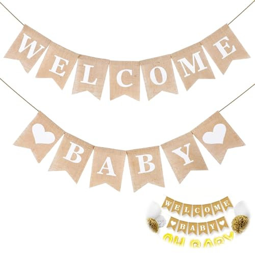 Willkommen Baby,Vintage Leinen Welcome Baby Banner,Willkommen Zuhause Banner,Wilkommensdeko Zuhause,Buchstaben Wimpel,Haus Dekoration für Zuhause Party Empfang Babyparty Wimpelkette mit 13 STK Wimpeln
