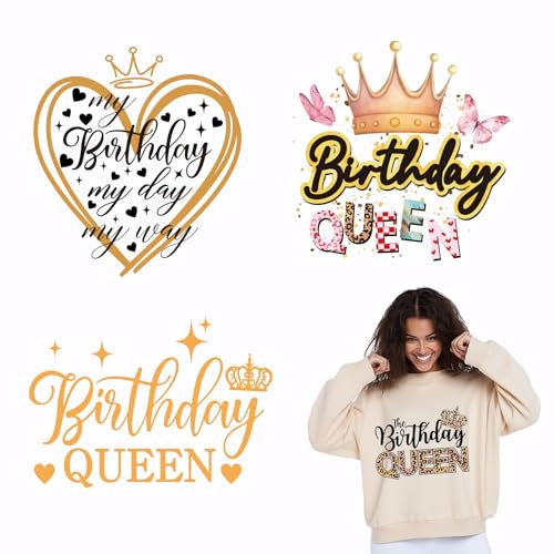 SUPERDANT 4PCS Birthday Queen Iron On Transfers Birthday Girl Heat Transfer Decals for T Shirts Iron on Patches Stickers DIY Clothes Decoration Heart Shape Transfers for Hoodies T-Shirt Jackets