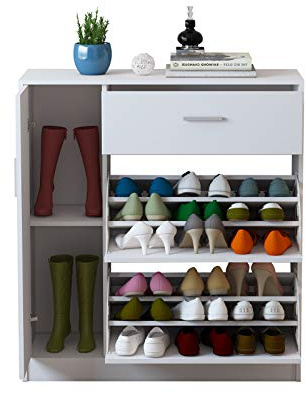 White Shoe Storage Cabinet with 2 Flip Doors 1 Drawer Shoe Rack Organizer | Freestanding Design, Wooden Finish, Large Shoe Capacity, Pull Down Storage, Space Saving Hallway Solution
