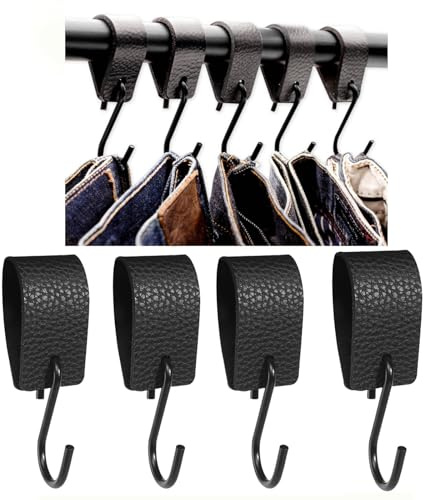 Leather S Hooks for Hanging,4 PCS Hooks with Leather Loop S Shaped Black Multifunctional S-Shaped Camping Hook for Clothes Rail Wardrobe Kitchen Bathroom