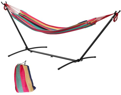 Outsunny Hamaca con Soporte 310x117 cm Hamaca de Camping con Bolsa de Transporte Portátil Altura Ajustable Carga 120 kg para Patio Terraza Rayas Naranja y Rojo