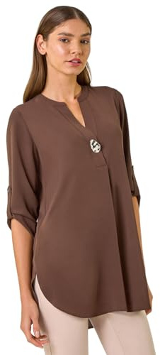 Roman Originals Shirt for Women UK Ladies Longline Top Collarless Blouse Smart Tunic Casual Evening Relaxed Fit 3/4 Length Sleeve Notch V Neck Long - Chocolate - Size 10