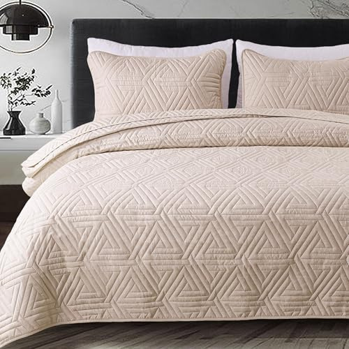 Whale Flotilla Tagesdecke Reversible 220x240 cm Mikrofaser Bettüberwurf | Weich, Leicht, Bedspread mit 2 Kissenbezüge, Sofaüberwurf, Steppdecke, Geomuster, Ganzjährige Bettwäsche für Bett, Beige