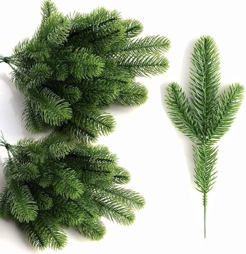 40 Stück Künstliche Tannenzweige,Grüne Unechte Tannenzweige,Gefälschte Kiefernzweige,Künstliche Pflanzen,Plastik Kiefer Zweige für DIY Adventskranz Weihnachten Deko Tischdeko Heimgartendekoration