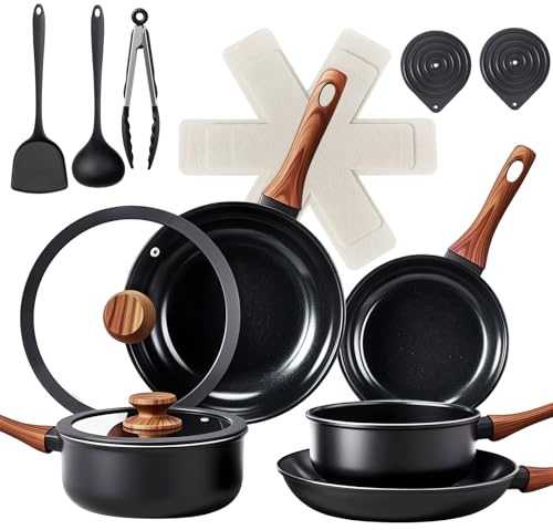 LEADZM Keramik Topfset Induktion，Pfannenset，Kochtopf Set mit | mit Deckel，Induktions Töpfe Set，17-Teilig，Alle Herde kompatibel, PFOS/PFOA frei（Noir+Natur）