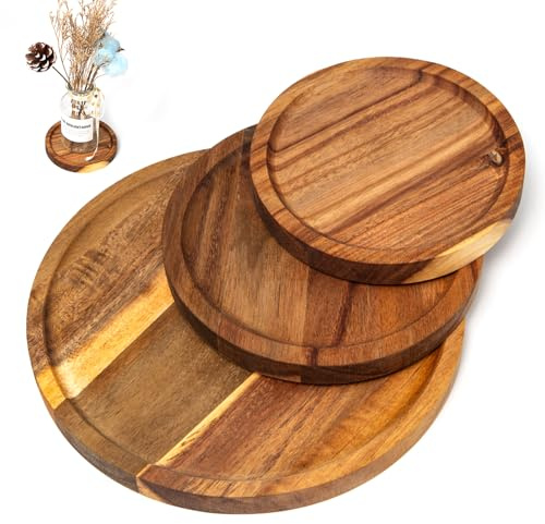 Bofanze 3 Pezzi Piatto Rotondo in Legno di Acacia Vassoio in Legno Naturale | 13 × 13 cm, 15 × 15 cm, 20 × 20 cm, rotondo, legno di acacia, servizio, decorazione, sala da pranzo, famiglia, regalo