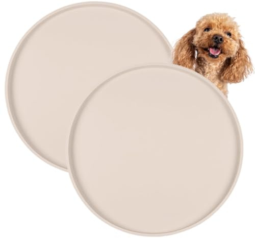 Tapis Gamelle Chien Rond 25 cm (Lot de 2) - Tapis pour Gamelle en Silicone avec Rebords, Antidérapant, Étanche et Facile à Nettoyer, sans BPA - Design Minimaliste Beige