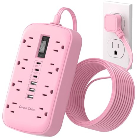 Rallonge rose avec parasurtenseur – Multiprise d'alimentation Kawaii de 1,5 m, jolie rallonge avec 6 ports USB (3 USB C) et 8 prises, accessoires de bureau rose pour fille, décoration de chambre