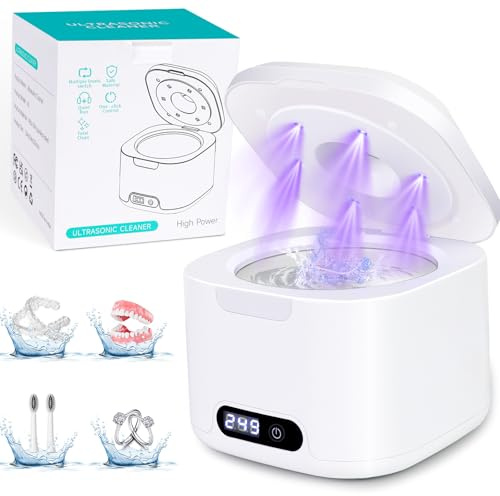 Ultraschallreinigungsgerät Zahnschiene 49000Hz Dental Pod,340ML Ultrasonic Cleaner mit 6 UV, Ultraschallreiniger für Zahnprothesen, für Prothesen, Retainer, Aligner, Zahnschiene, Schmuck