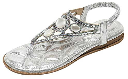 Luadnysin Sandales Femme Été Confortable Nu Pieds T-Strap Bride Élastique À La Cheville Ouvert Bout Chaussure De Plage Strass Cristal Florals Casual Chaussures,35-46