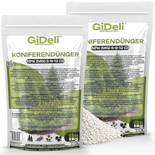 GiDeli Koniferendünger 2 x 1 kg, Thuja Dünger mit Magnesium | Koniferen Dünger für mehrere Pflanzen, gegen Nadelvergilbung, praktisch portioniert, sattes Grün im Garten