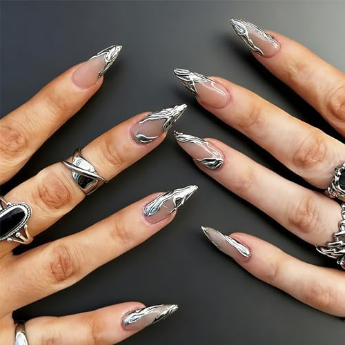 French Tip False Nails - 3D Silver Stiletto Fake Nails with Glue - 24PCS Gothic Press on nails Almond - Medium Length Stick on Nails - Long Lasting Acrylic Nail Tips for Women DIY Design Manicure