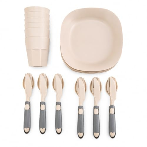Terryshop74® Set Picnic 30 Pezzi con Box Portatile – 6 Piatti Semipiani, 6 Bicchieri 230 ml, 6 Coltelli, 6 Forchette, 6 Cucchiai e Custodie Posate – Set Campeggio e Mare – (Tortora)