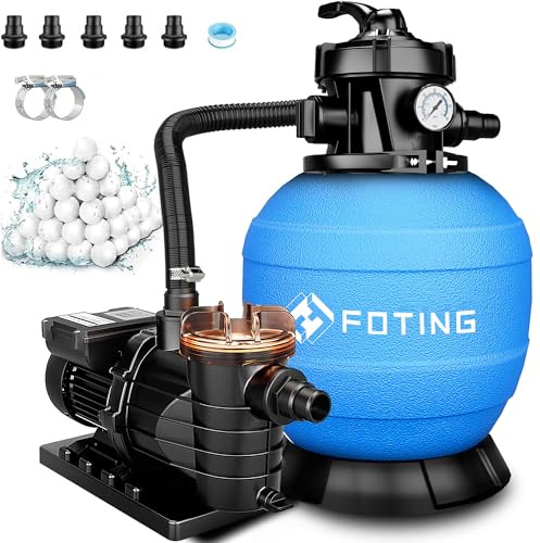 FOTING Système de Filtre à Sable pour Piscine 15 000 L/h (15 m³/h) avec Minuterie 24 h, INCL. 200 g de Billes Filtrantes, Filtre de Piscine avec Vanne 7 Voies, Préfiltre, Adaptateur 2-en-1 Ø32–38 mm