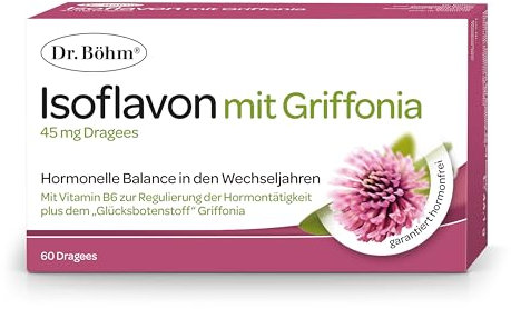 Dr. Böhm Isoflavon mit Griffonia: Für Wohlbefinden und innere Balance während der Wechseljahre, mit Vitamin B6, Soja- und Rotklee-Extrakt, 60 Dragees
