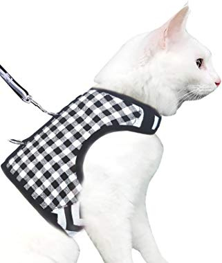 Yizhi Miaow Katzengeschirr und Leine zum Spazierengehen, ausbruchsicher, verstellbares Katzengeschirr, gepolstert, stilvolle Katzenweste, schwarzes Karo, Größe XL