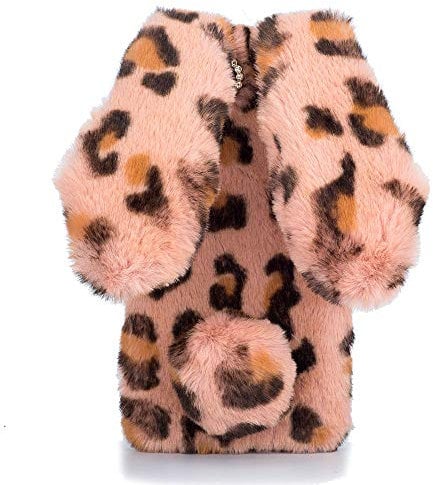 HongHushop Cute Rabbit Case Plush Cover for iPhone 5 5S SE Case Super Soft Warm Fluffy Furry Bunny Ears Shockproof Back Case Cover Chic Bling Crystal Diamond Bowknot Case -pink leopard