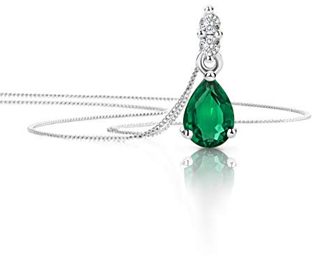 Orovi Schmuck Damen 0.06 Ct Diamant Halskette mit Tropfen Anhänger Edelstein/Geburtsstein Smaragd in grün und Brillanten Kette aus Weißgold 9 Karat / 375 Gold, länge 45 cm