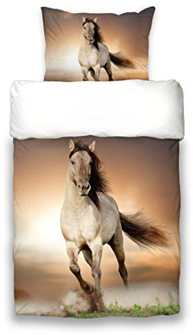 Bettwäsche Pferde Digitaldruck Pferdebettwäsche Wildpferde Mustang Baumwolle Neu (155 x 220)