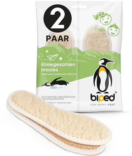 biped 2 Paar Kinder Einlegesohlen mit echter Schafswolle und Natur Kork - warm und isolierend - natürliche Thermo Schuheinlagen aus Wolle für Winterschuhe und Stiefel z2765(26)