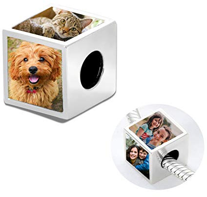 MBSUUH FOTO CHARM, 925 Sterling Silber, 1 oder 4 Bilder, Personalisiert Schmuck kompatibel mit Pandora Armband und Kette(Quadratisch,Weißgold vergoldet)