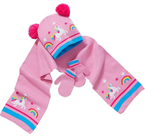 Boys Girls Knitted Dinosaur Unicorn Pattern Winter Hat Scarf Mitts Set UK Seller - Pink Unicorns - 2-6 Years